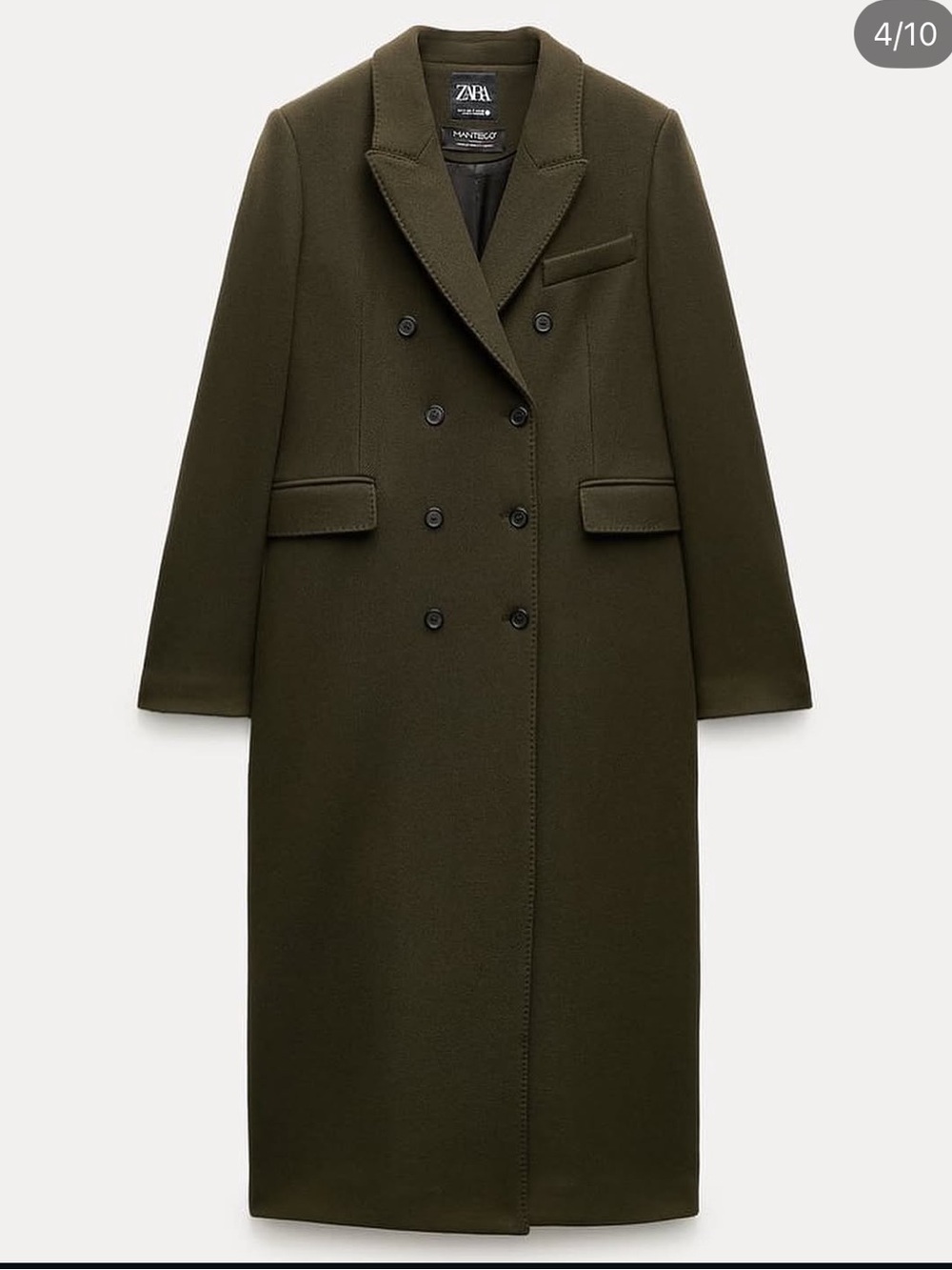 Zara Wool Blend Double-Breasted Long Coat - Olive in Sz : Large